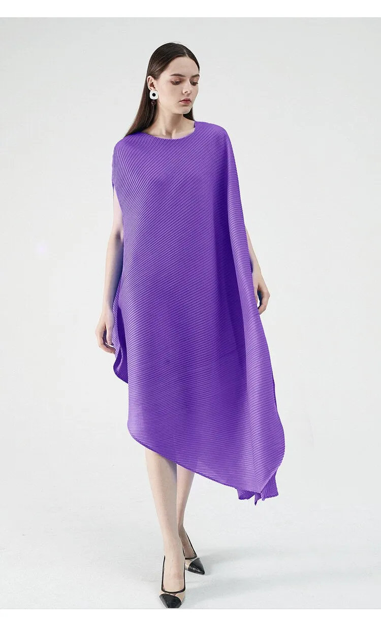 Miyake Pleated Asymmetrical Hem Midi Dress