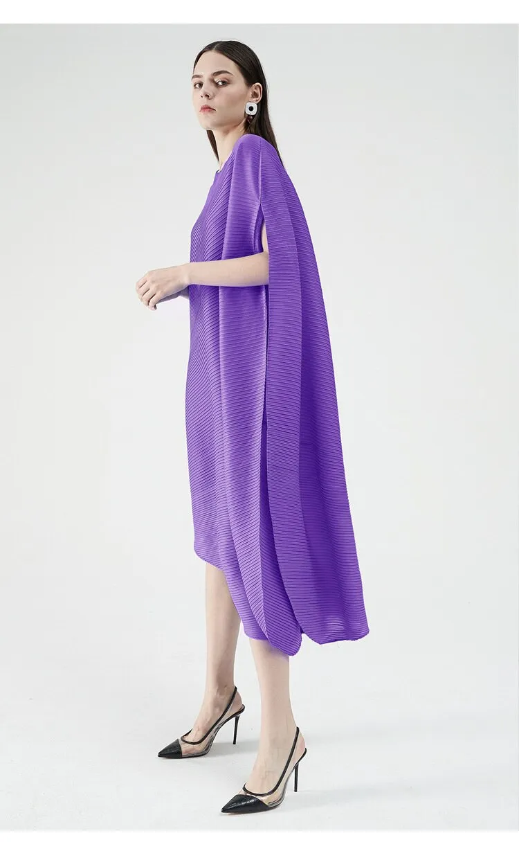 Miyake Pleated Asymmetrical Hem Midi Dress