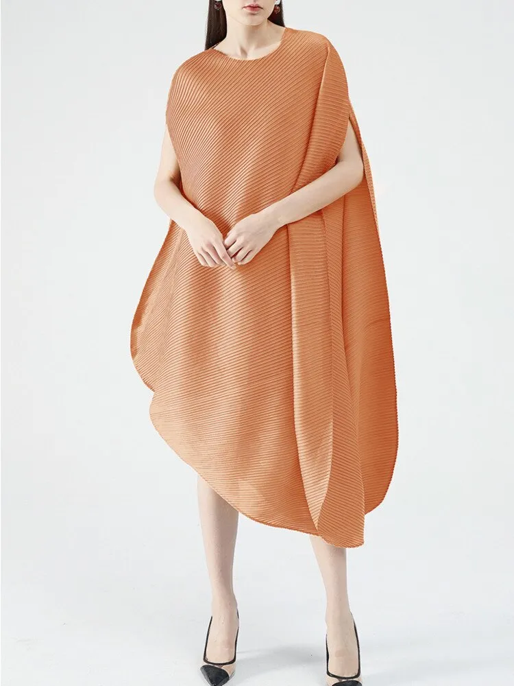 Miyake Pleated Asymmetrical Hem Midi Dress