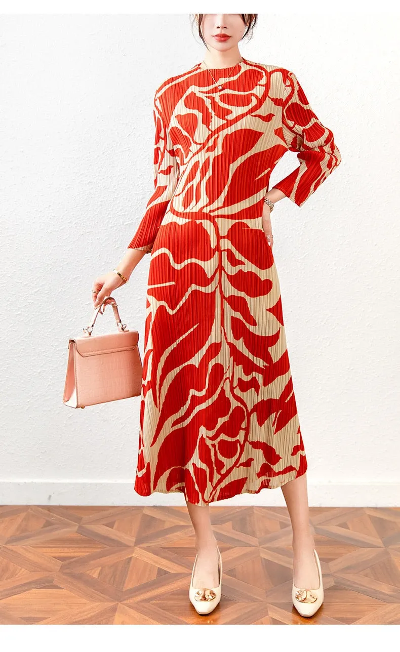 Miyake Pleated Color Block Printed Midi Dress