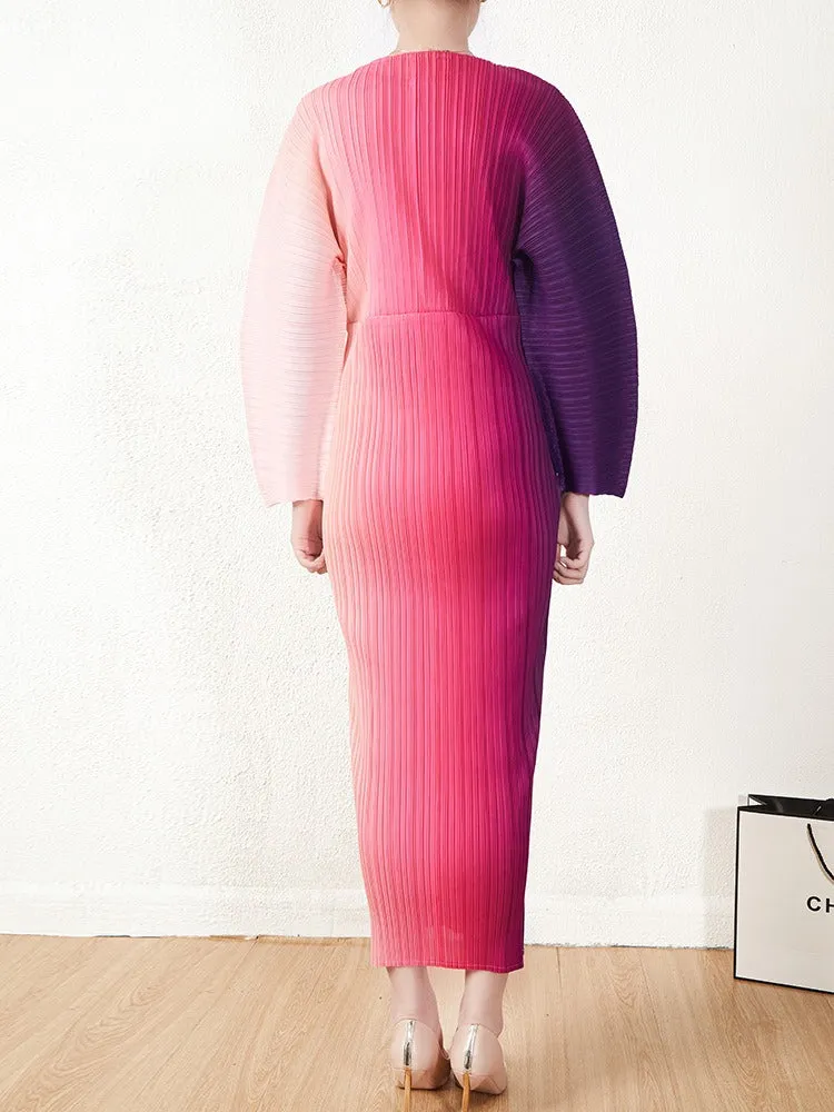 Miyake Pleated Gradient Long Sleeve Midi Dress