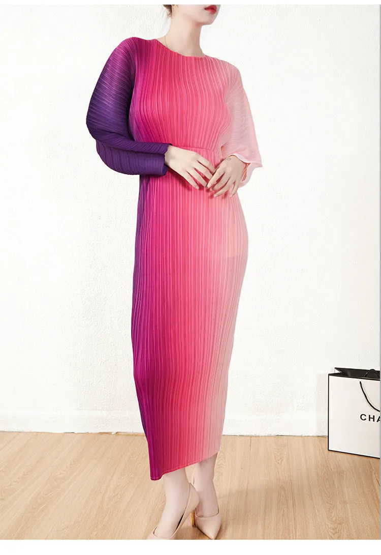 Miyake Pleated Gradient Long Sleeve Midi Dress