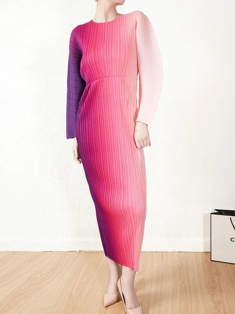 Miyake Pleated Gradient Long Sleeve Midi Dress