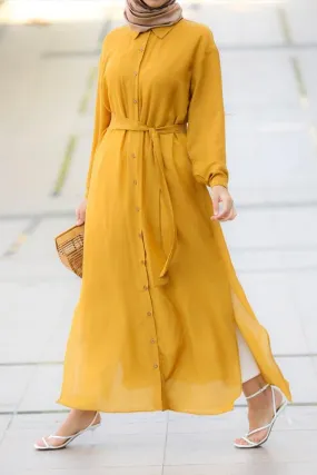 Mustard Belted Button-Down Tunic