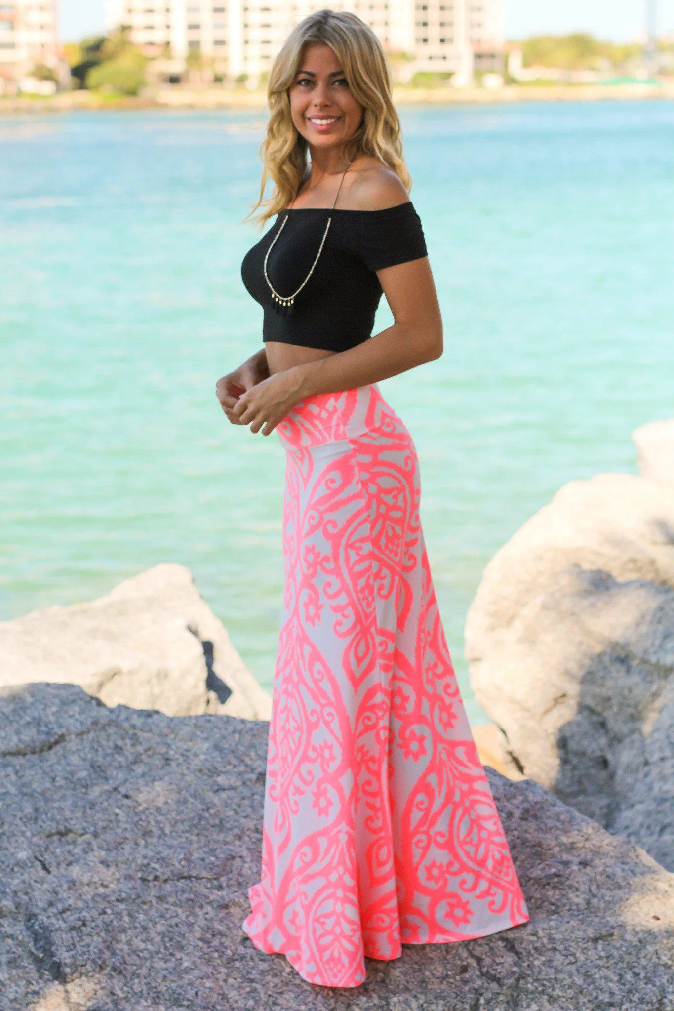 Neon Pink and Ivory Printed Maxi Skirt