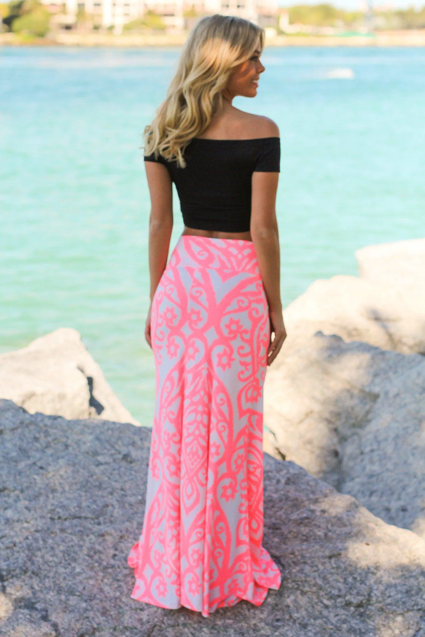 Neon Pink and Ivory Printed Maxi Skirt