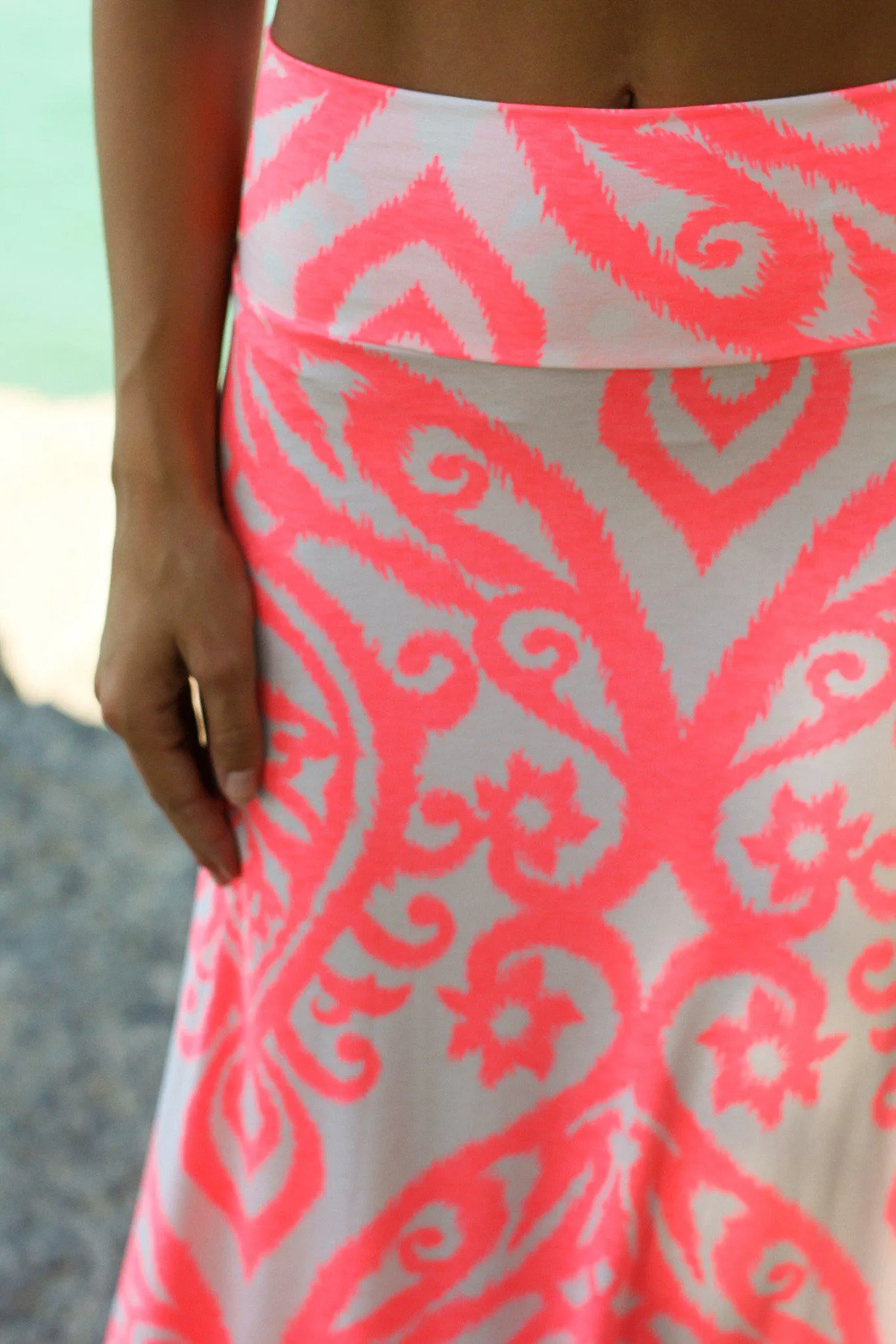 Neon Pink and Ivory Printed Maxi Skirt