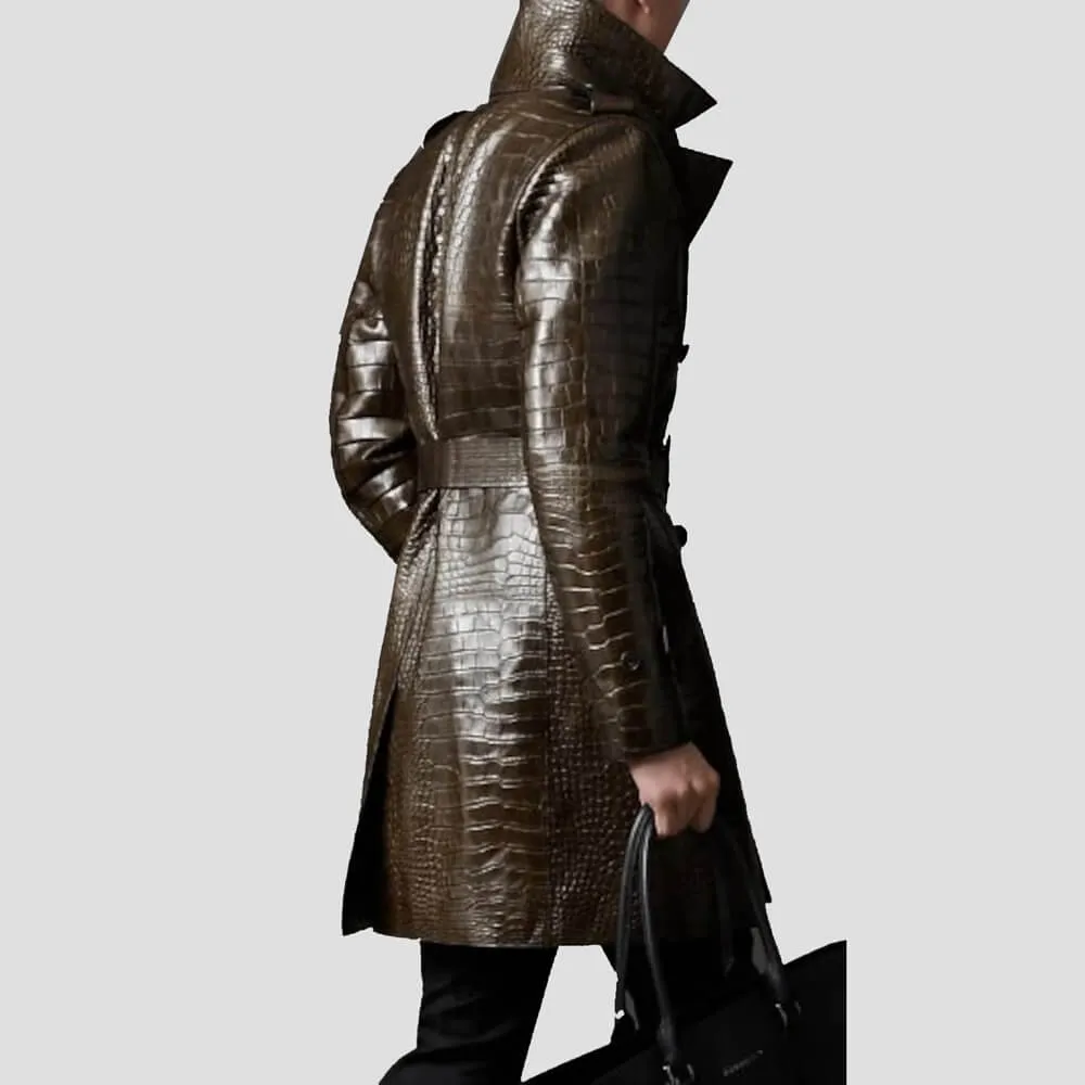 Notch Collar Alligator Print Leather Coat