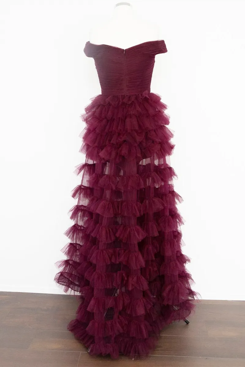 Off the Shoulder Burgundy Pleated Sheer Tiered Prom Dress