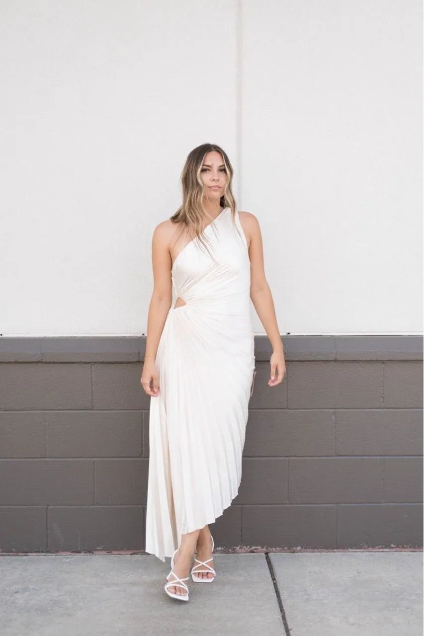 Olympia Asymmetrical Pleated Maxi Dress