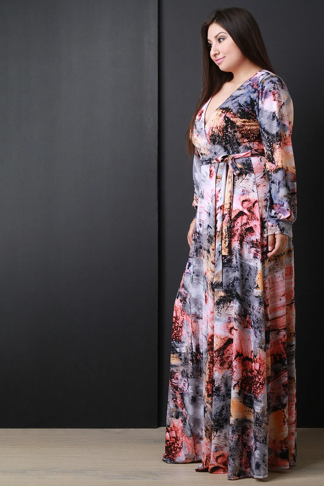 Paint Abstract Print Surplice Long Sleeves Maxi Dress