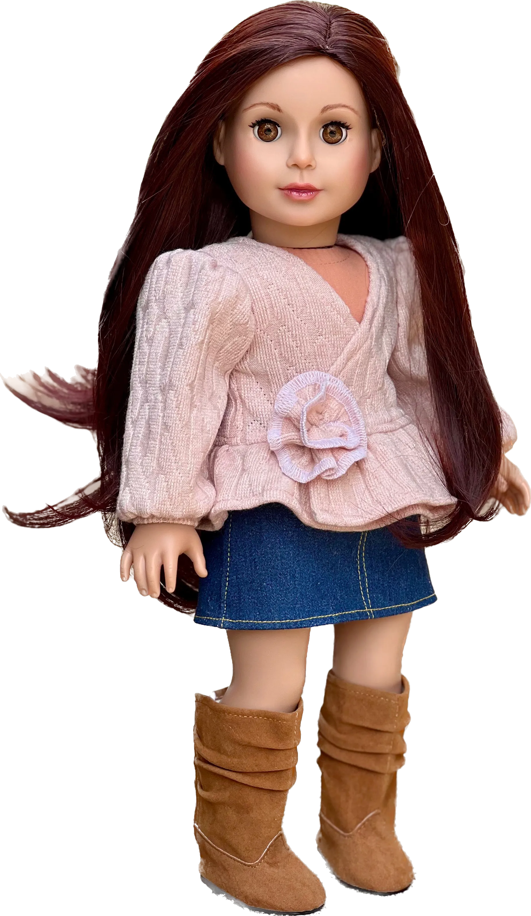 Passion for Fashion - 3 Piece Outfit for 18 Inch Doll - Pink Blouse, Denim Skirt and Brown Boots - 18 Inch Doll Cothes ( Doll Not Included)