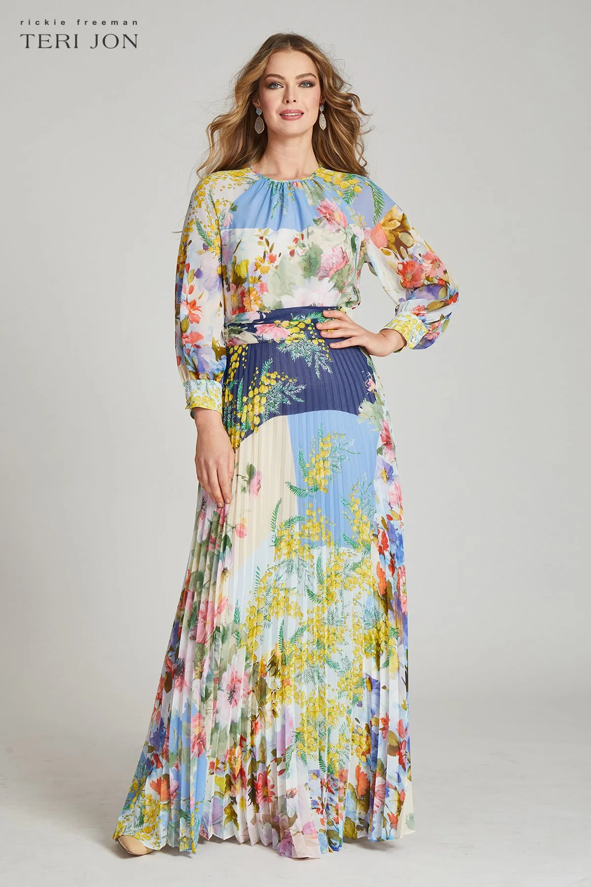 Patchwork Print Pleated Chiffon Maxi Gown