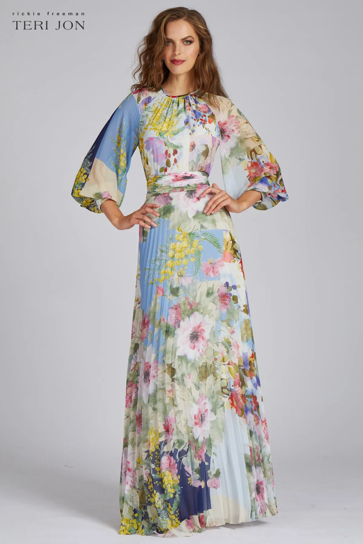 Patchwork Print Pleated Chiffon Maxi Gown