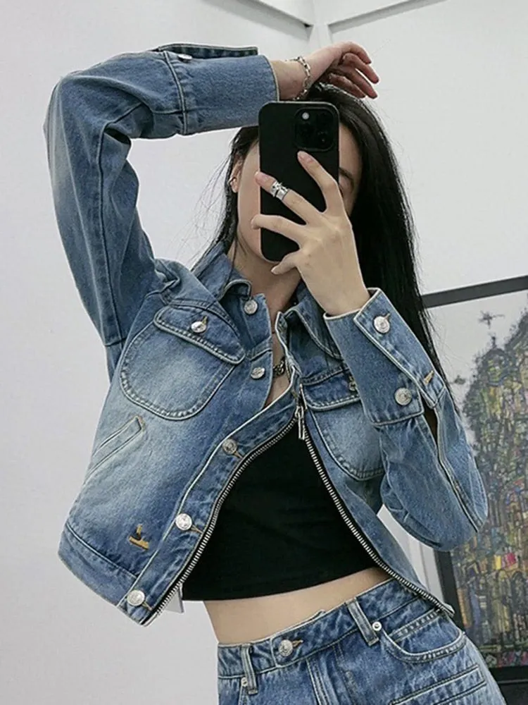 Patchwork Zipper Denim Jackets For Women Lapel Long Sleeves Spliced Pockets Casual Jacket Female Fashion Clothing