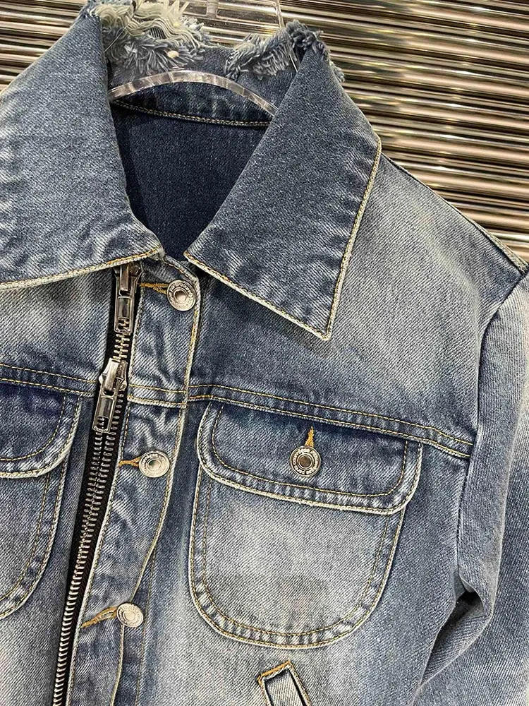 Patchwork Zipper Denim Jackets For Women Lapel Long Sleeves Spliced Pockets Casual Jacket Female Fashion Clothing