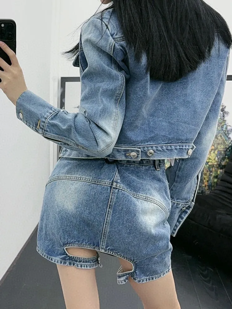 Patchwork Zipper Denim Jackets For Women Lapel Long Sleeves Spliced Pockets Casual Jacket Female Fashion Clothing