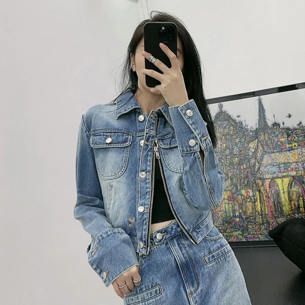 Patchwork Zipper Denim Jackets For Women Lapel Long Sleeves Spliced Pockets Casual Jacket Female Fashion Clothing