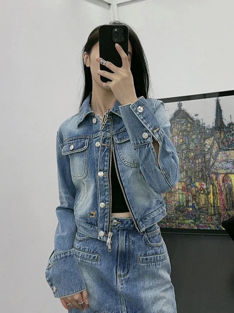 Patchwork Zipper Denim Jackets For Women Lapel Long Sleeves Spliced Pockets Casual Jacket Female Fashion Clothing