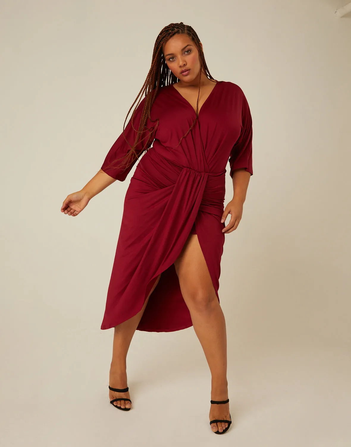 Plus Size Gathered Drapey V Neck Dress