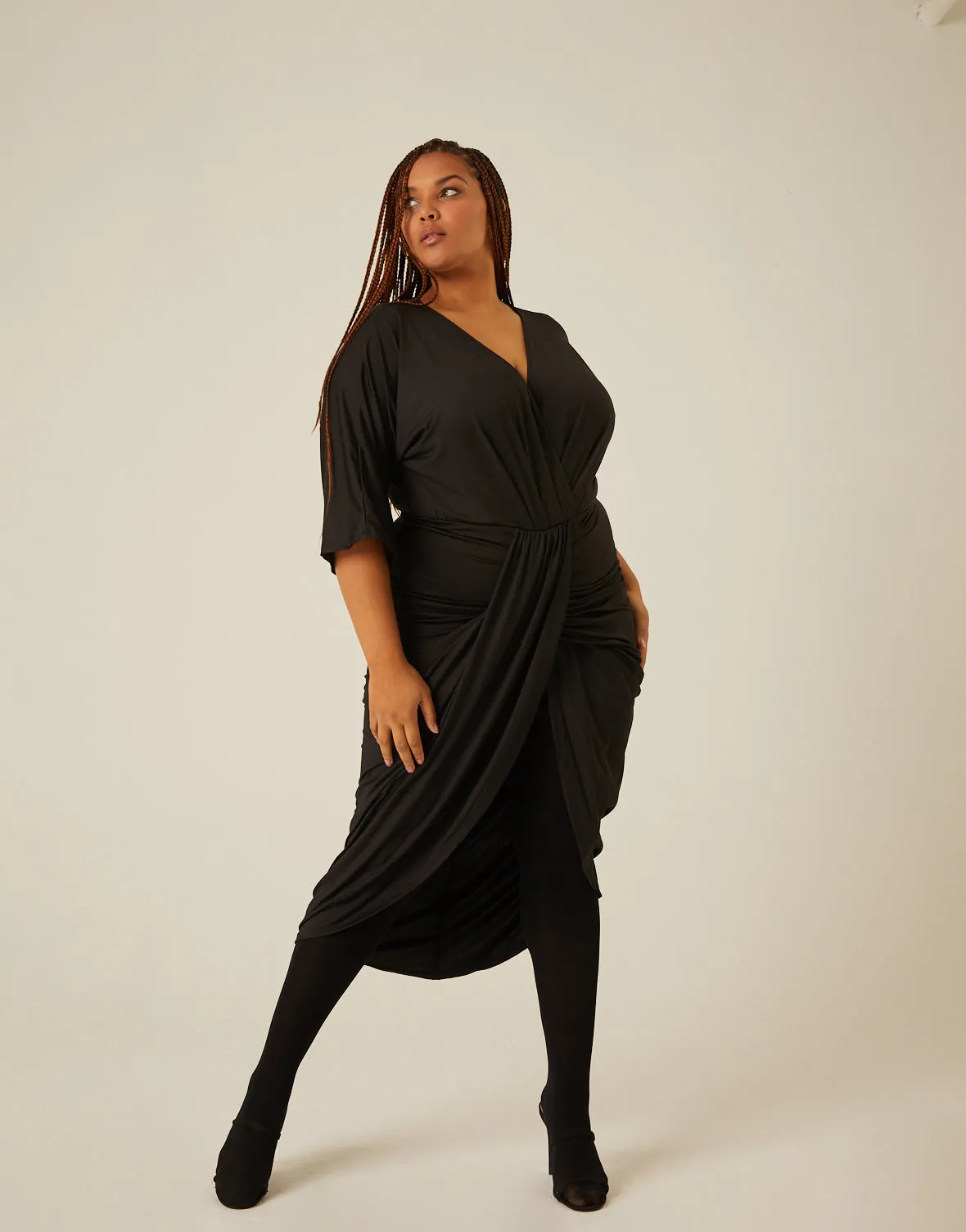 Plus Size Gathered Drapey V Neck Dress