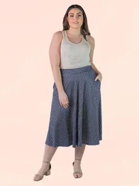 Plus Size Womens Navy Polka Dot Pleated Pocket Midi Skirt