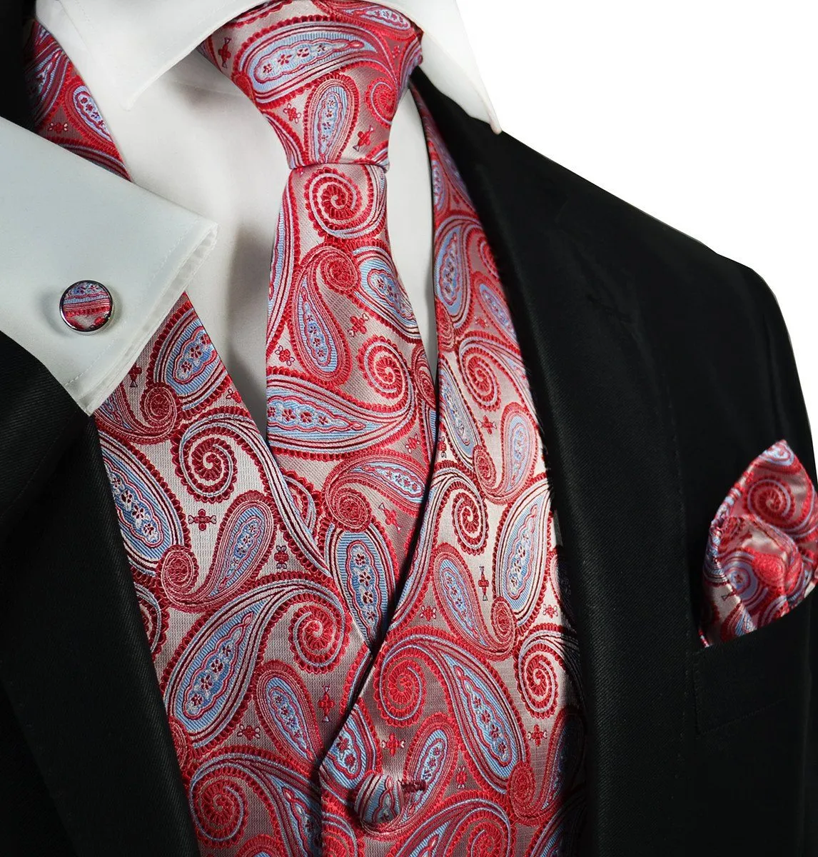 Poinsettia and Blue Paisley Tuxedo Vest Set