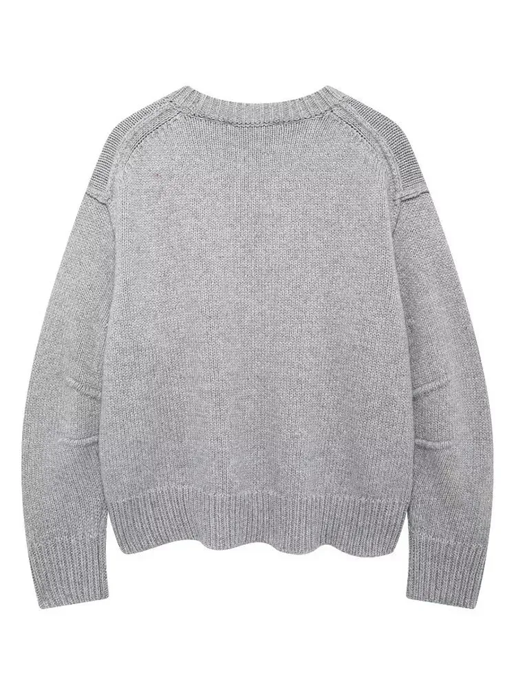 Pre Order: Gray Pleated Long Sleeve Knitted Sweater