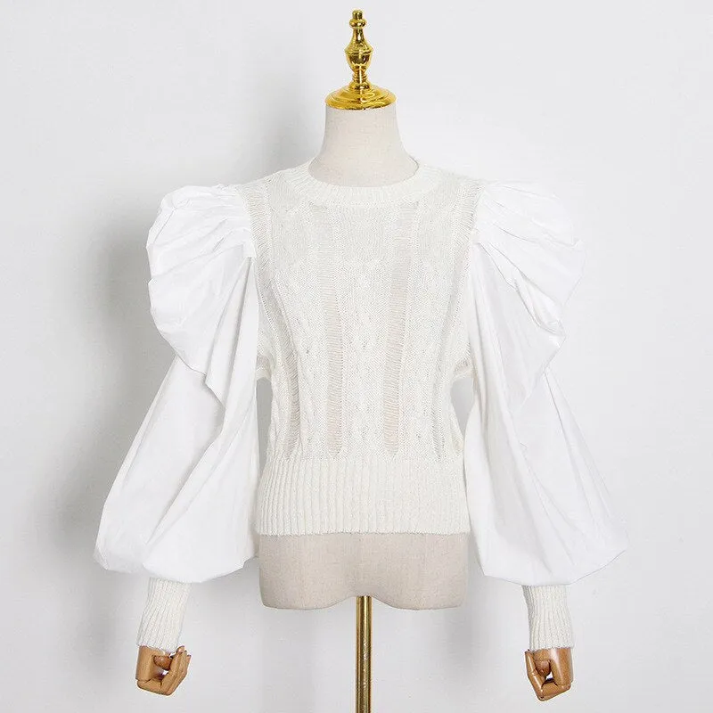 Pre Order:  Puff Sleeves Spliced Knit Sweater