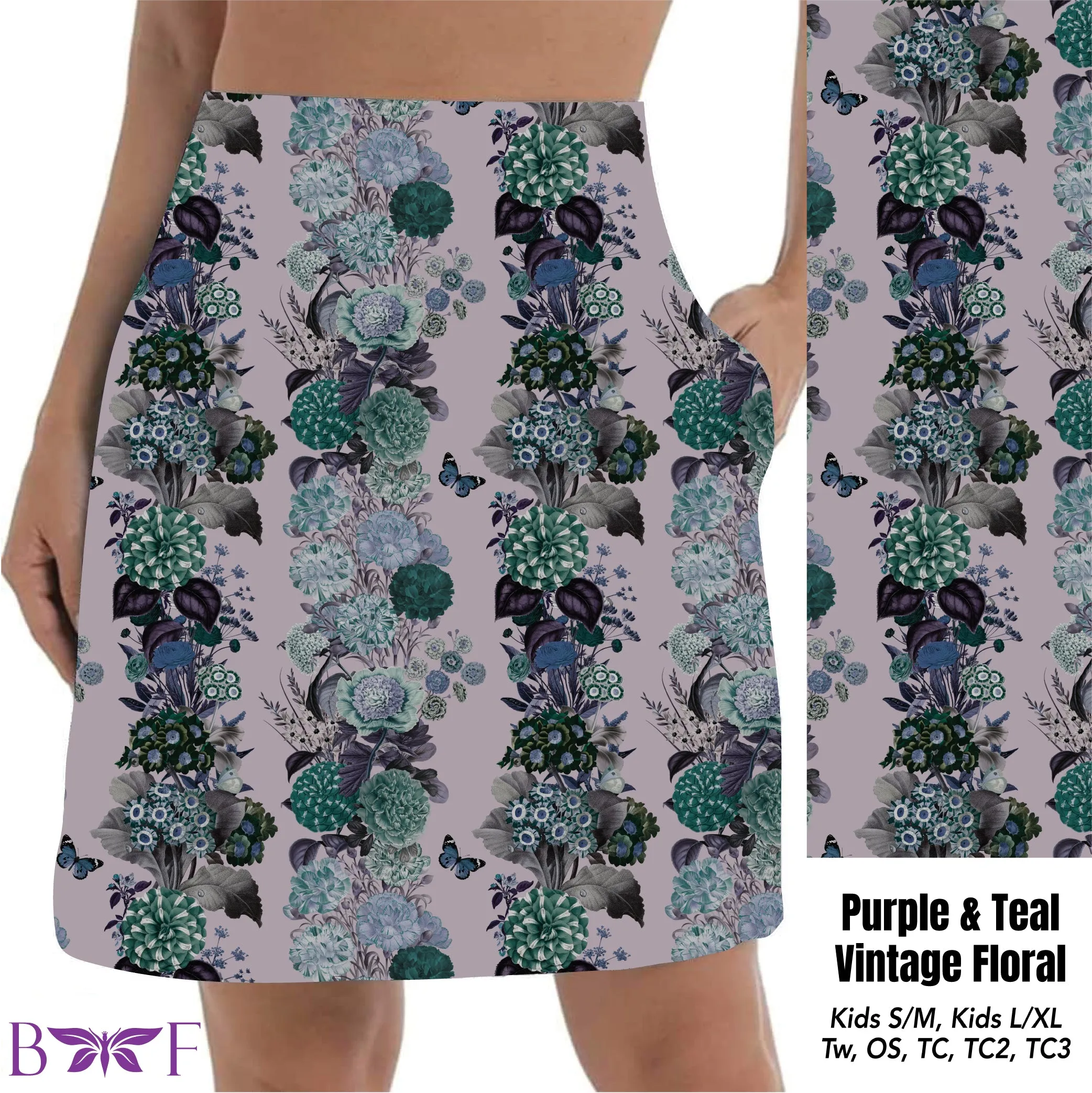 Purple & Teal Vintage Floral leggings, capris and Skorts with pockets