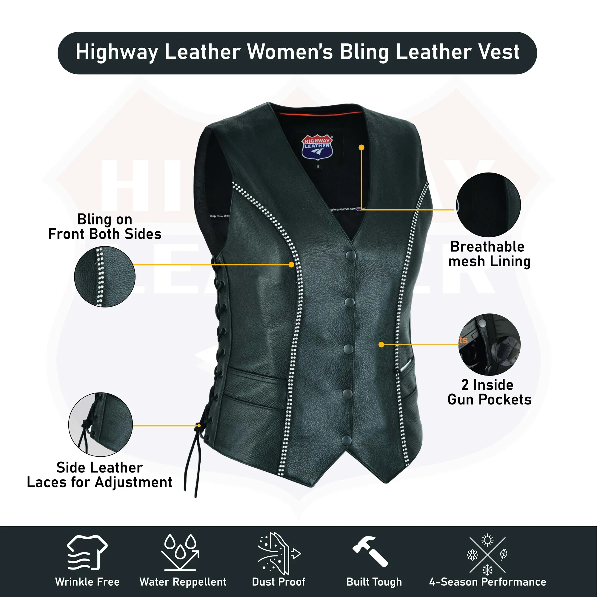 Rhinestone Leather - Women motorcycle vest Bling detail HL14659BLING