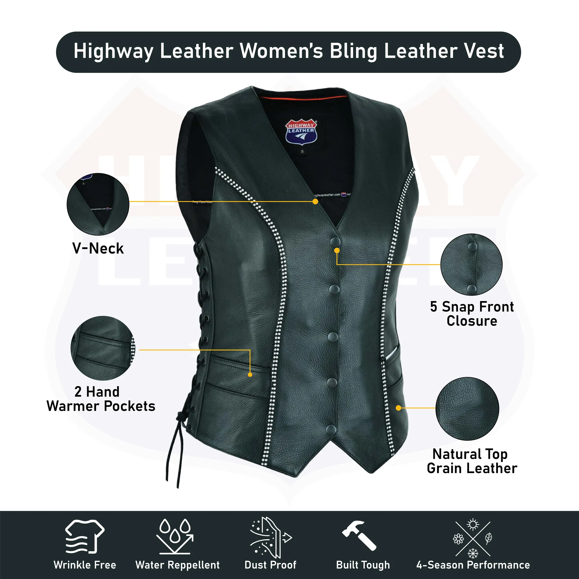 Rhinestone Leather - Women motorcycle vest Bling detail HL14659BLING