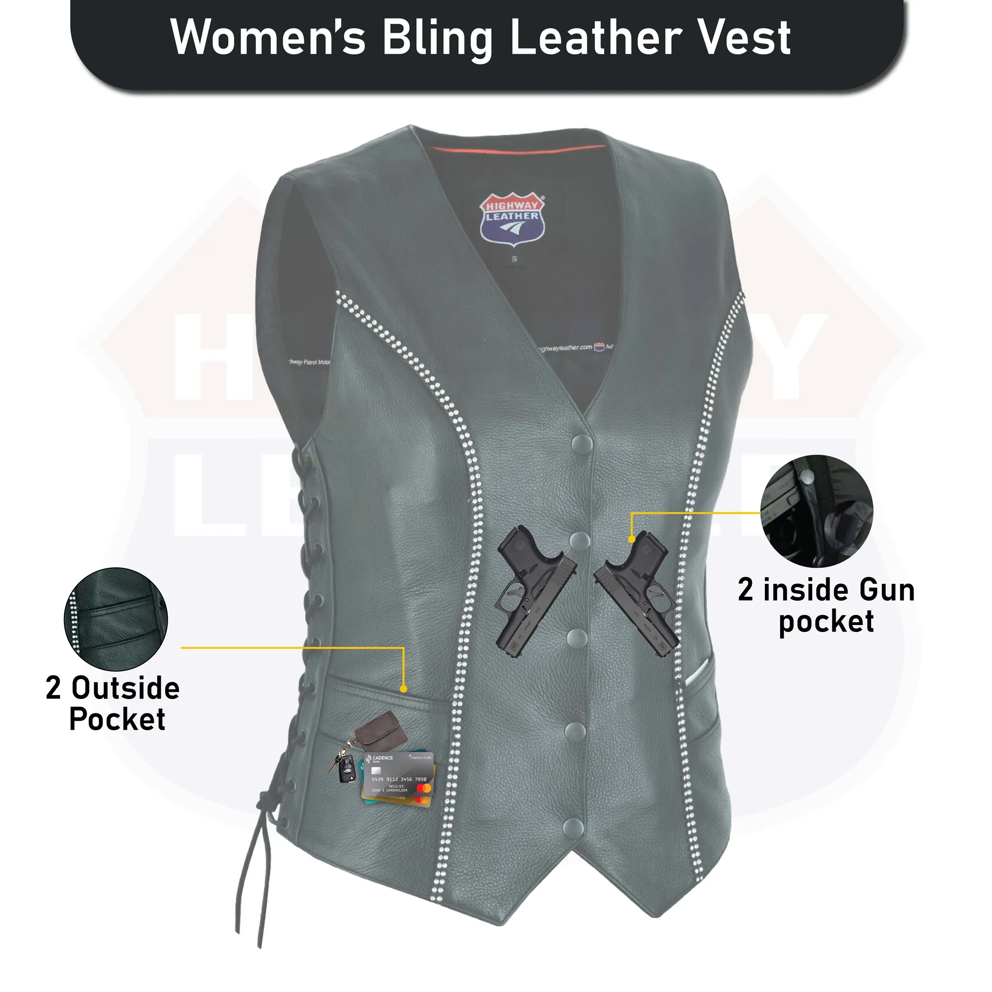 Rhinestone Leather - Women motorcycle vest Bling detail HL14659BLING