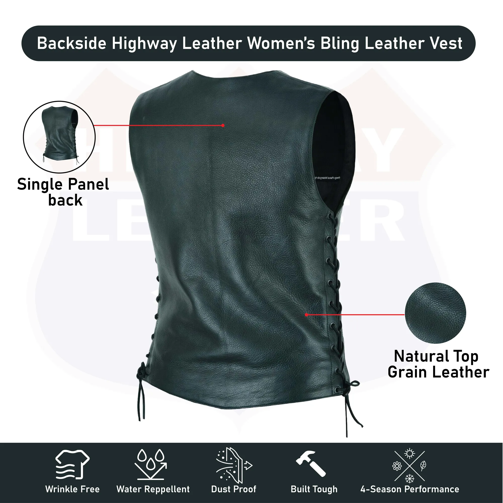 Rhinestone Leather - Women motorcycle vest Bling detail HL14659BLING