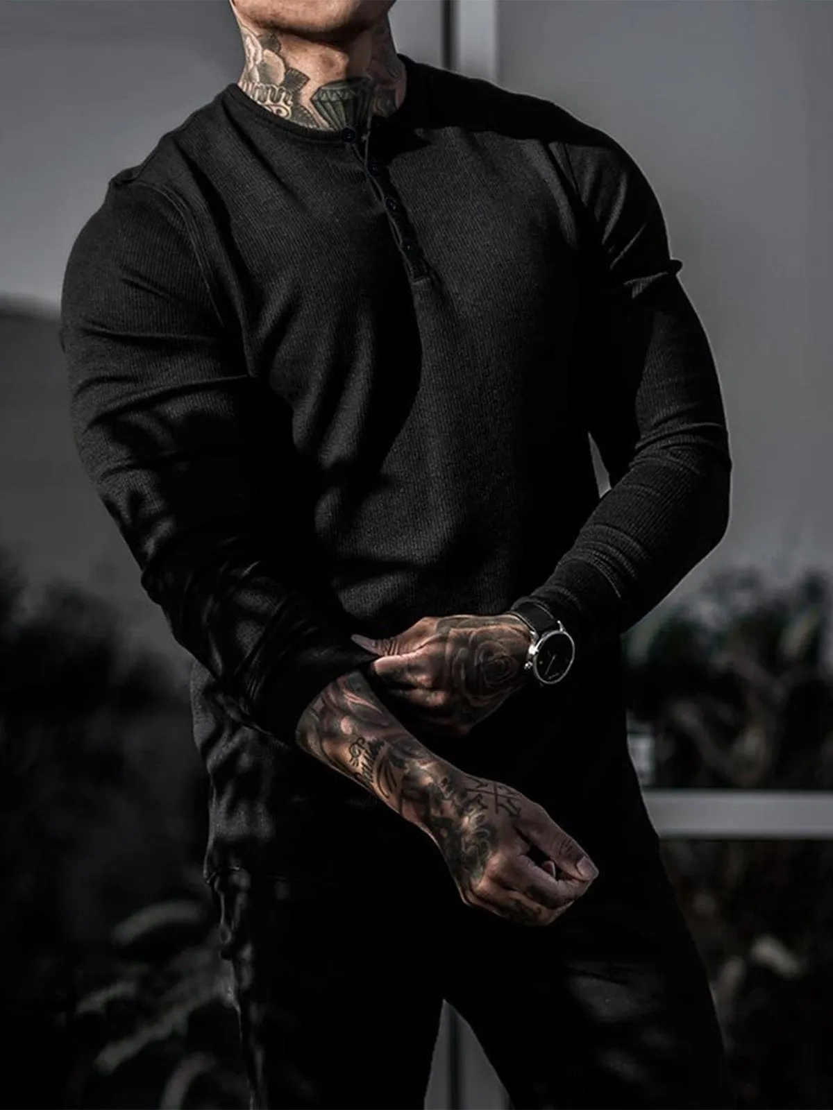 Rib Knit Curved Hem Long Sleeve Henley Shirt