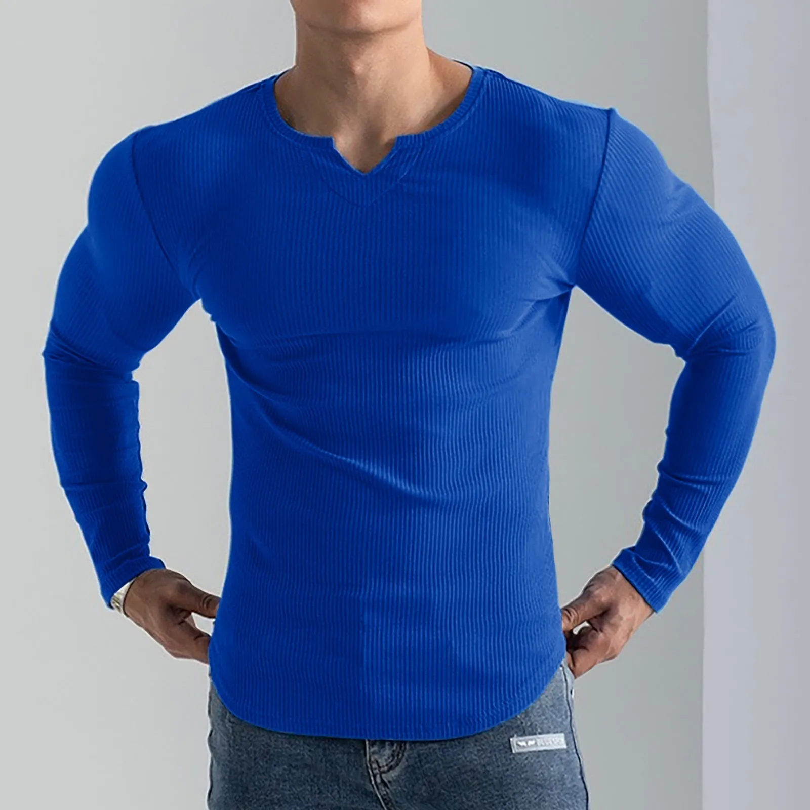 RIBBED HENLEY NECK LONG SLEEVE T-SHIRT