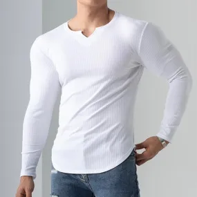 RIBBED HENLEY NECK LONG SLEEVE T-SHIRT