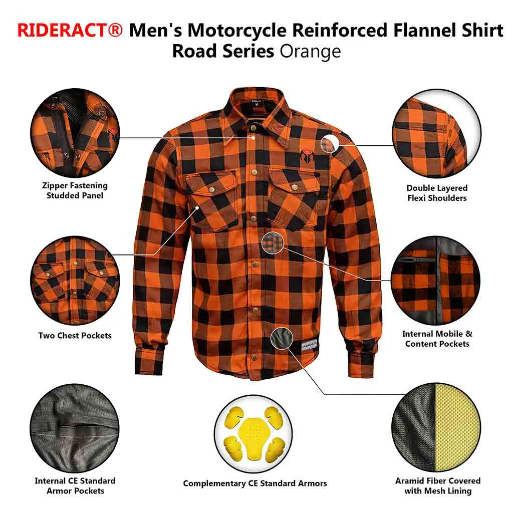 RIDERACT® Men's Motorcycle Riding Reinforced Flannel Shirt Road Series Orange