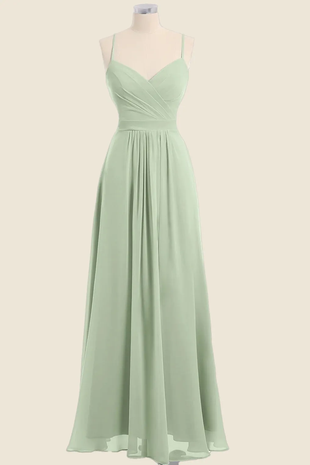 Sage Green Pleated Straps Long Bridesmaid Dress