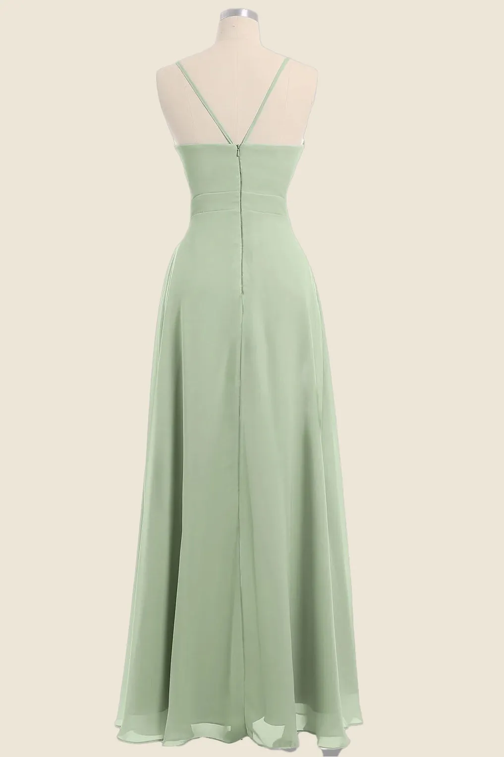 Sage Green Pleated Straps Long Bridesmaid Dress