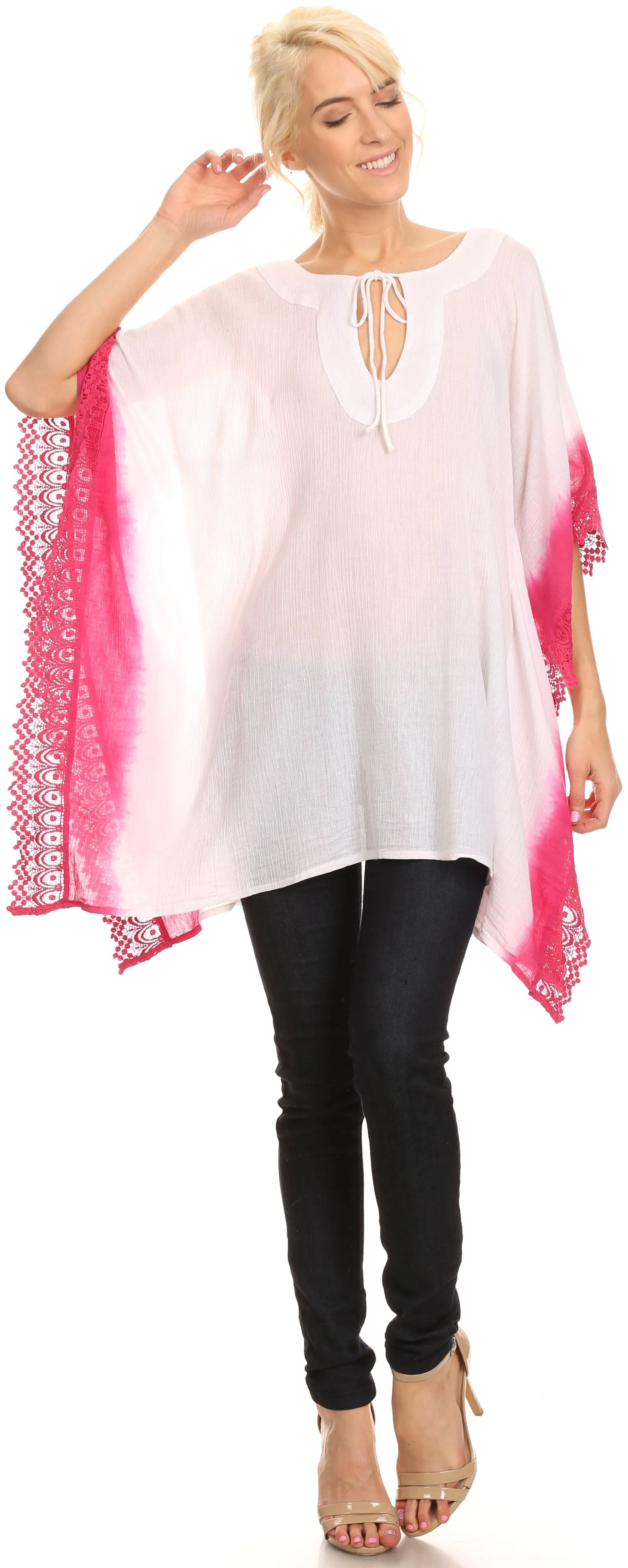 Sakkas Konn Adjustable Draw String Neck Embroidered Long Poncho Shirt Blouse Top