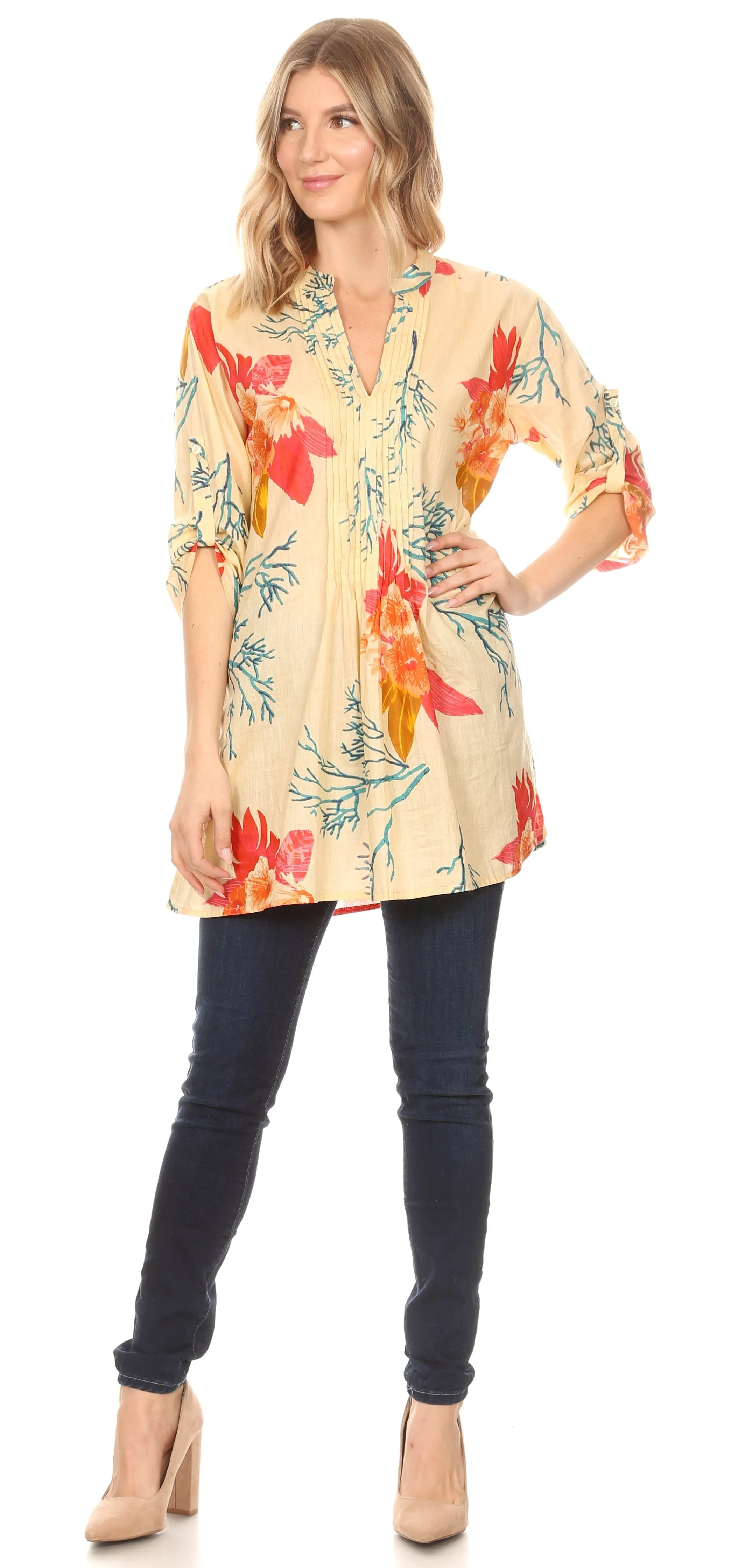 Sakkas Ona Women's Casual Summer Cotton 3/4 Sleeve Print Loose Tunic Top Blouse