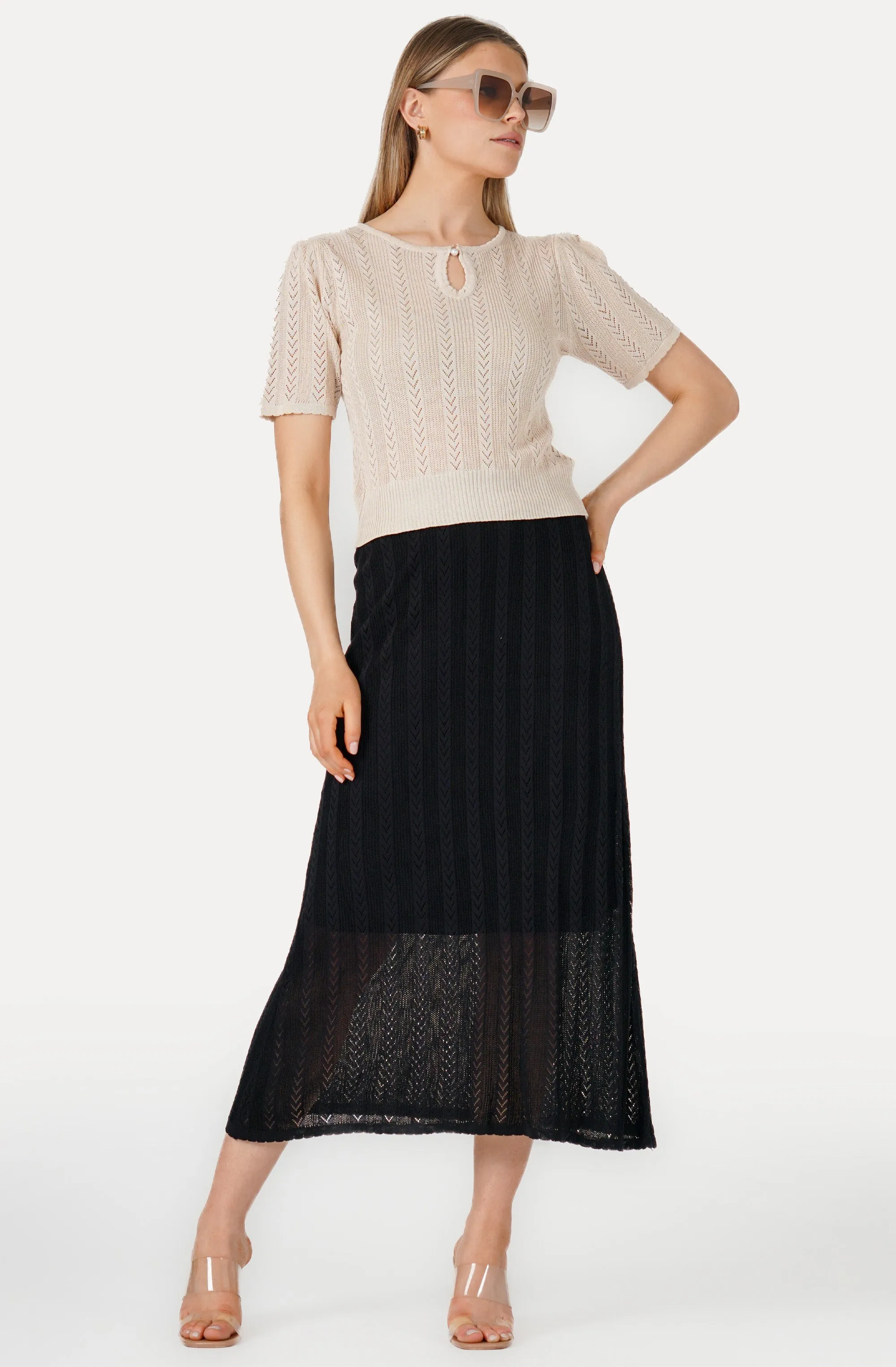 See-Through Embossed Knit Midi Skirt