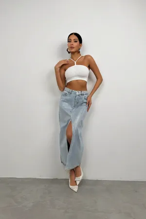 Shiny Maxi Denim Skirt With Slit