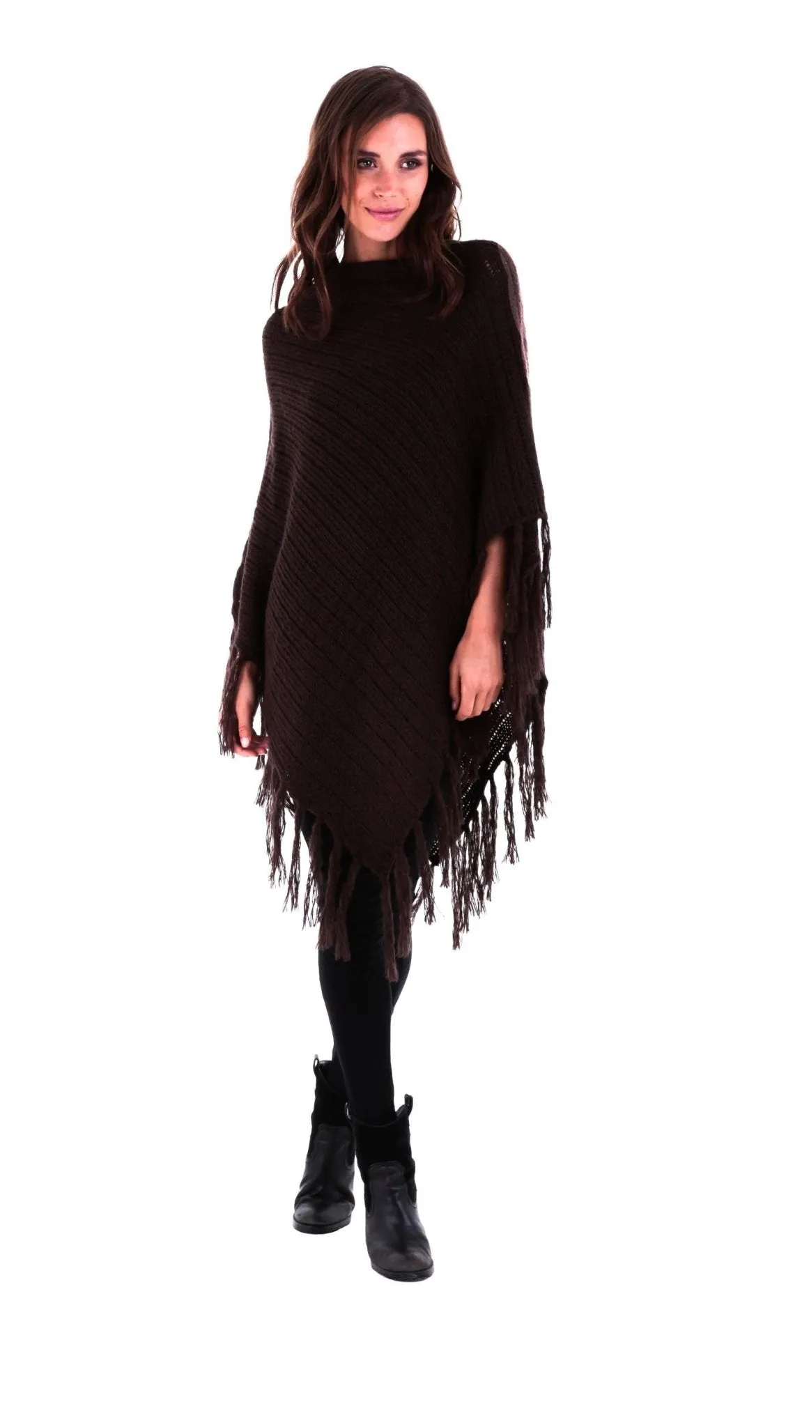 SHU-SHI Women's Cable Knit Poncho Sweater Cape | Boho Casual Soft Pullover with Fringe