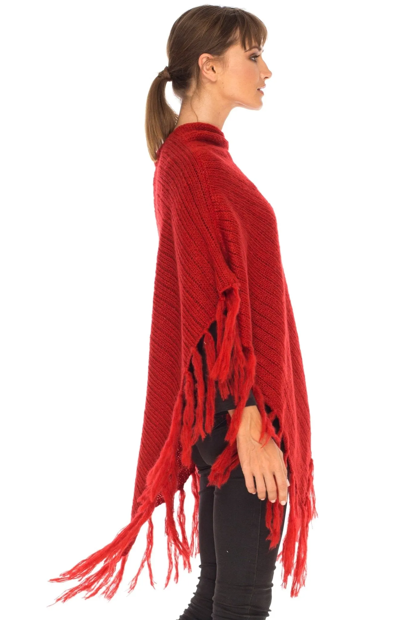 SHU-SHI Women's Cable Knit Poncho Sweater Cape | Boho Casual Soft Pullover with Fringe