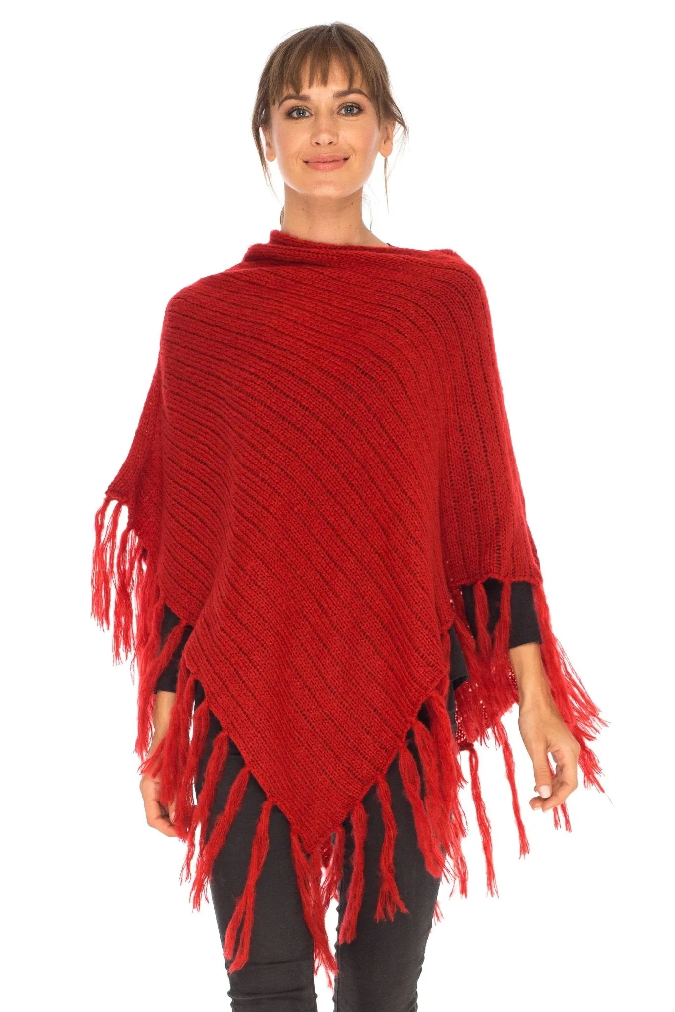 SHU-SHI Women's Cable Knit Poncho Sweater Cape | Boho Casual Soft Pullover with Fringe