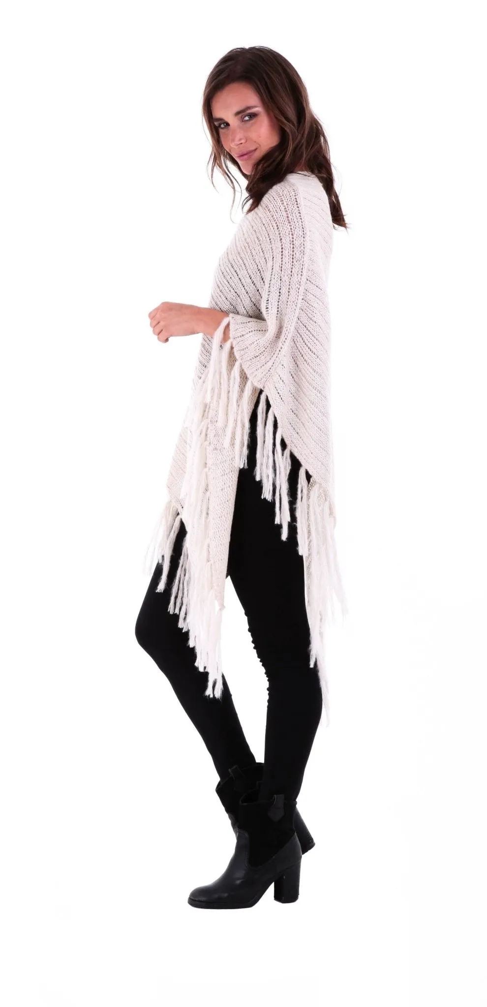 SHU-SHI Women's Cable Knit Poncho Sweater Cape | Boho Casual Soft Pullover with Fringe