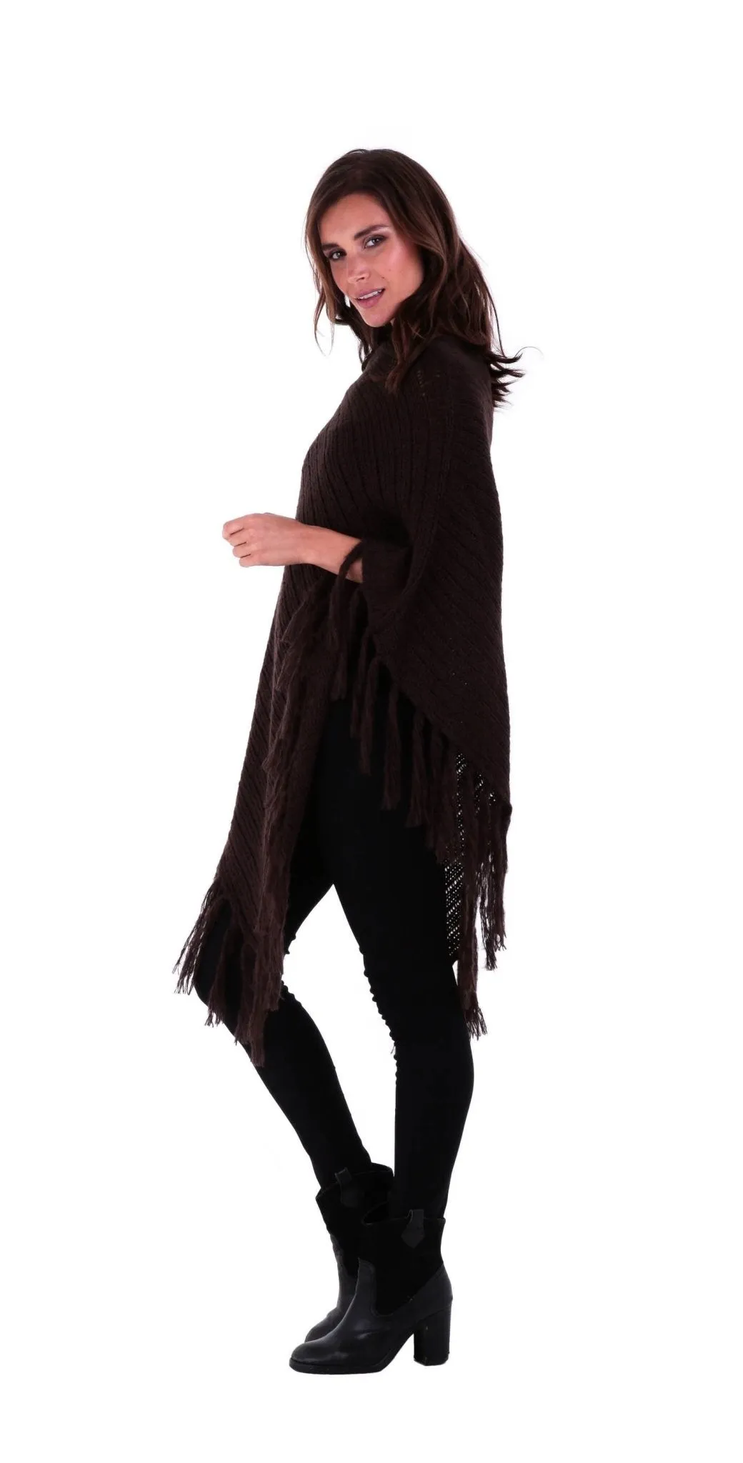 SHU-SHI Women's Cable Knit Poncho Sweater Cape | Boho Casual Soft Pullover with Fringe