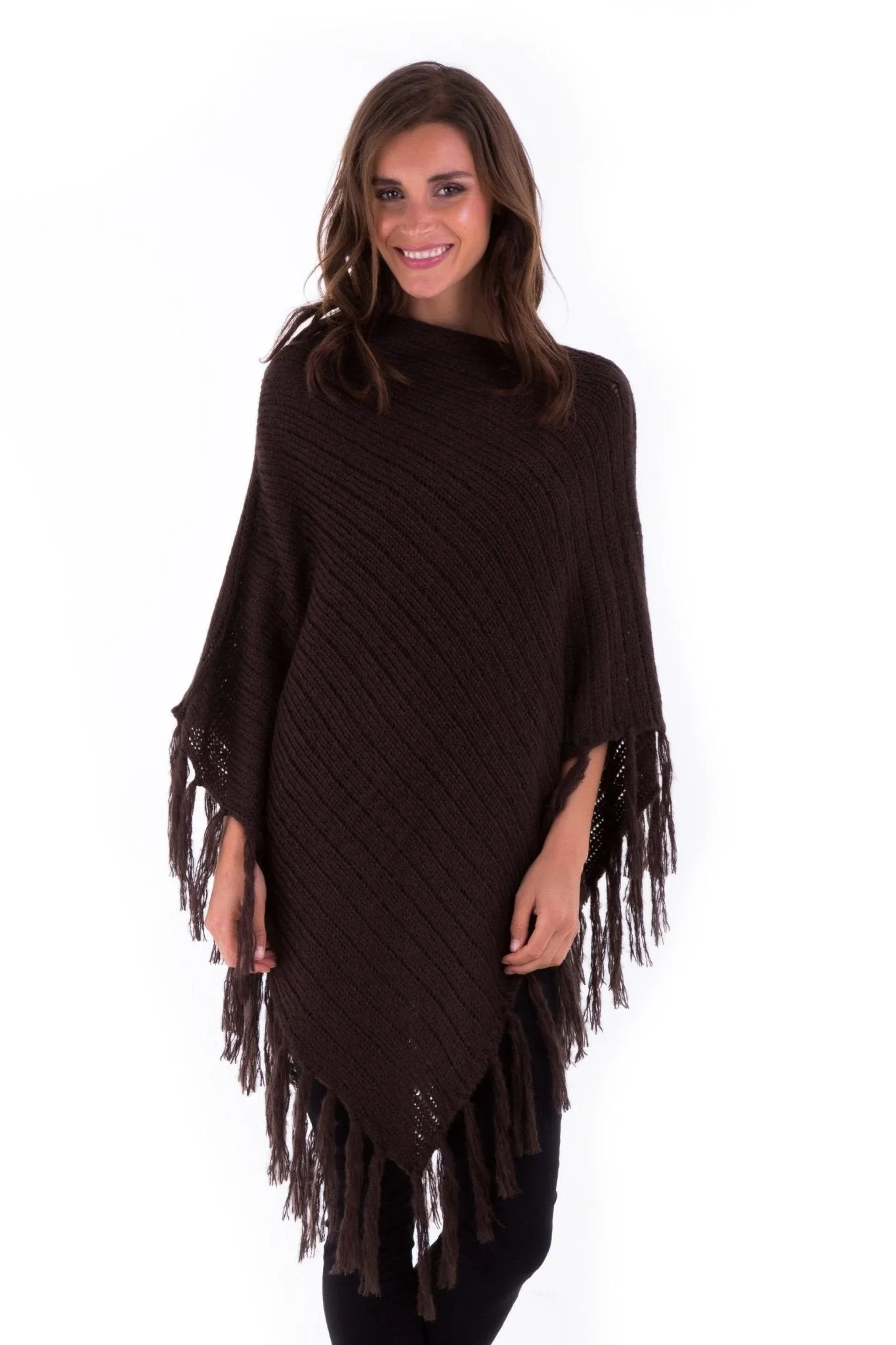 SHU-SHI Women's Cable Knit Poncho Sweater Cape | Boho Casual Soft Pullover with Fringe